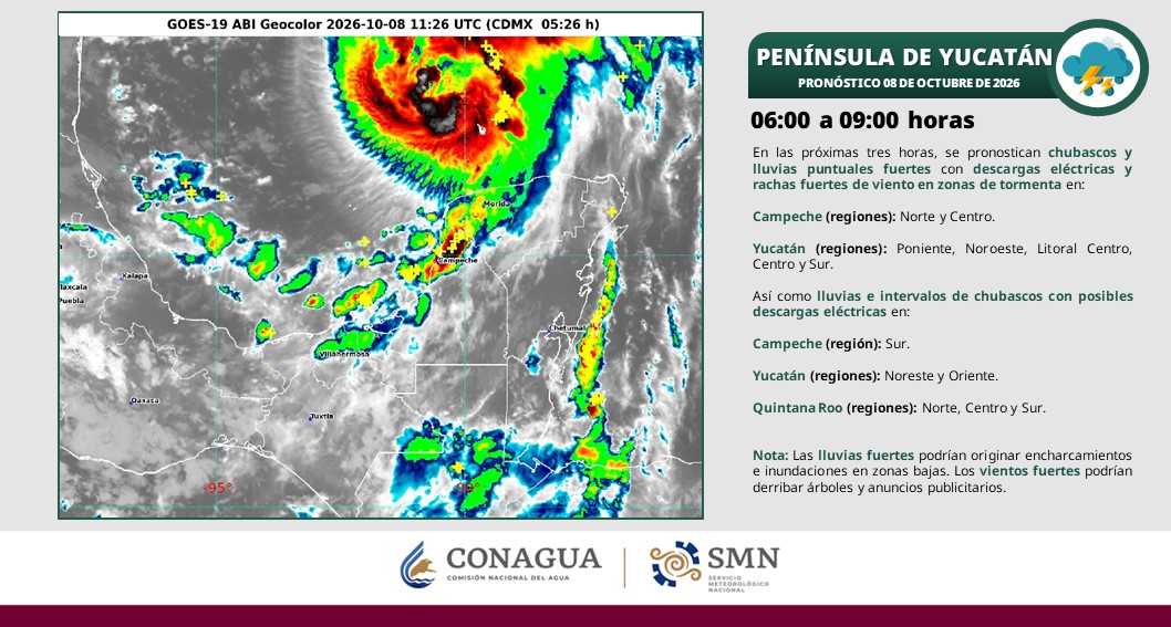 Cielo medio nublado a nublado en el transcurso del día, con lluvias puntuales intensas en Campeche (oeste y costa) y Yucatán (costa, norte y oeste); y puntuales muy fuertes en Quintana Roo (norte).